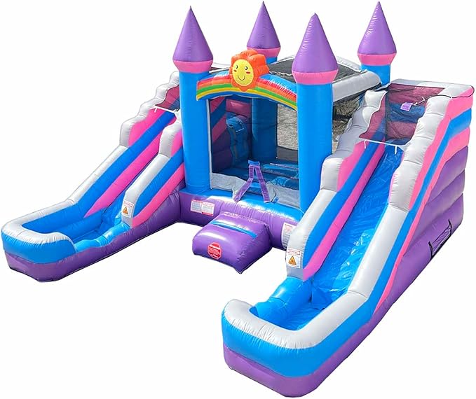 Crossover Purple Castle Double Water Slide Bounce House Combo, 16.5 x 15 x 11 Foot, PVC Vinyl Inflatable Bouncy House for Kids, Wet or Dry Slides, with Stakes and Storage Bag, Blower not Included