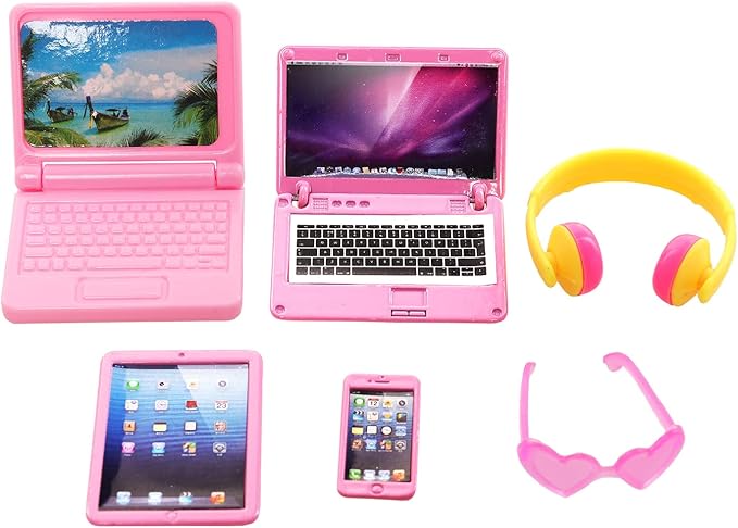 Miunana Doll Accessories and Dollhouse Set with Mini Computer Phone Headset Sunglasses Set Dollhouse 5 Pcs Kit Metal Dollhouse Computer Set