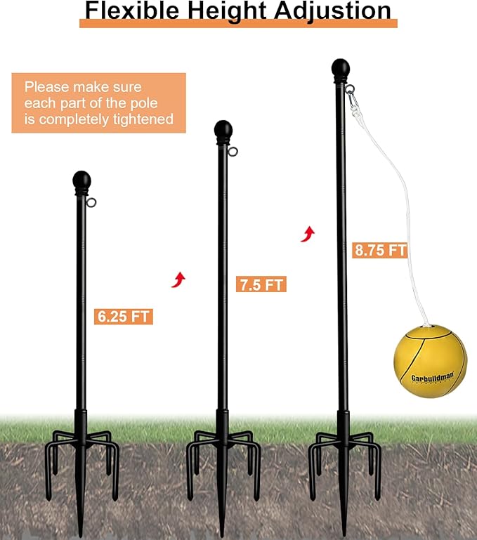 Garbuildman Tetherball Set with Ball & Rope for Outdoor Backyard, Adjustable Tether Ball Pole with Reinforced 5-Prong Base for Playground, Outside Ball Games Sports for Kids & Adults, Black