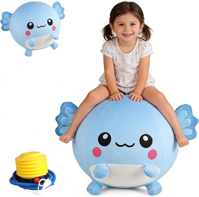 Bouncing Balls for Kids, 29in/73cm Axolotl Plush Axolotl Toys for Girls, Inflatable Ride on Bouncer W/Pump Bounce Ball Support Up to 176 Pounds, Indoor Outdoor, Blue(5-7 Years)