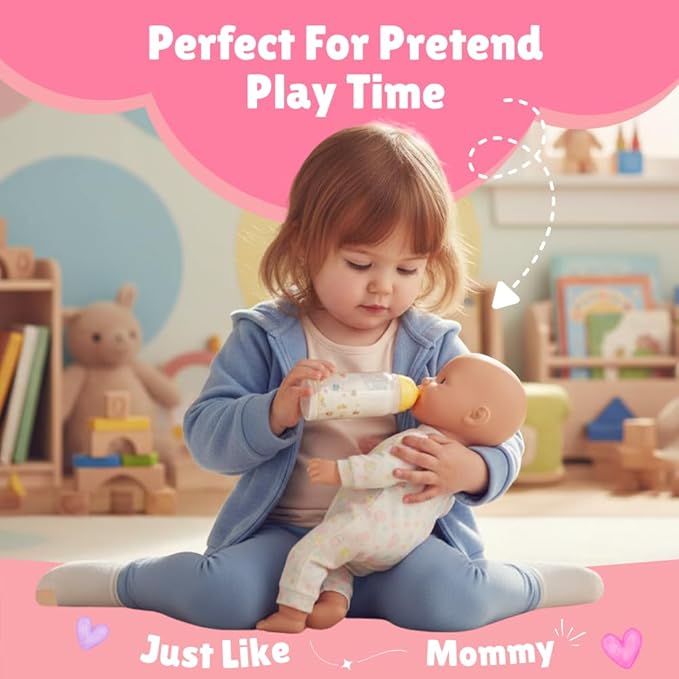 Mommy & Me Toy Magic Baby Doll Bottles with Disappearing Milk and Juice – Play Doll Feeding Set of 2