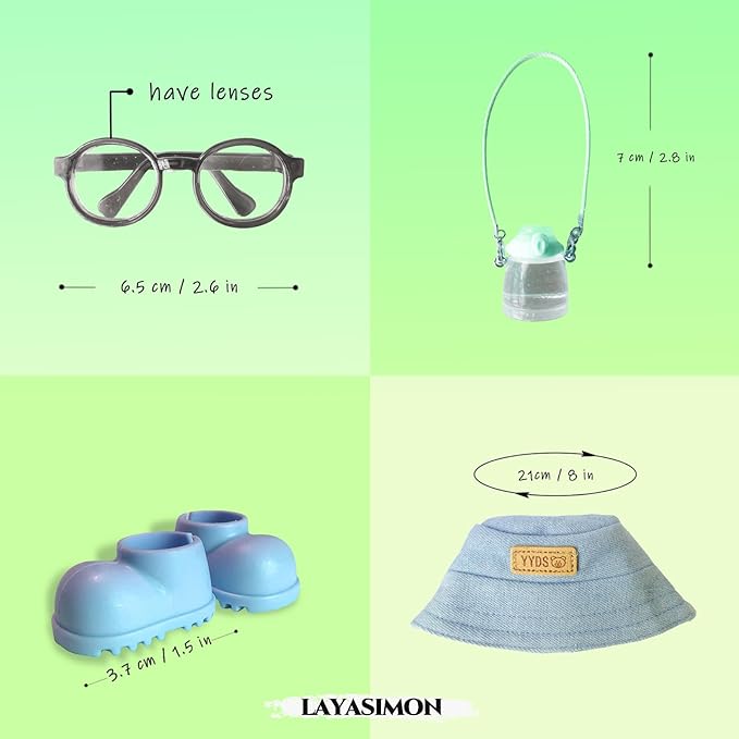 Clothes for 6.7in/17cm Dolls (Without Dolls) Sets and Accessories,6PCS (Hat + Glasses + t-Shirt + Pants + Water Bottle + Shoes), Collectors and As Gifts.(Green and Yellow Duplex)
