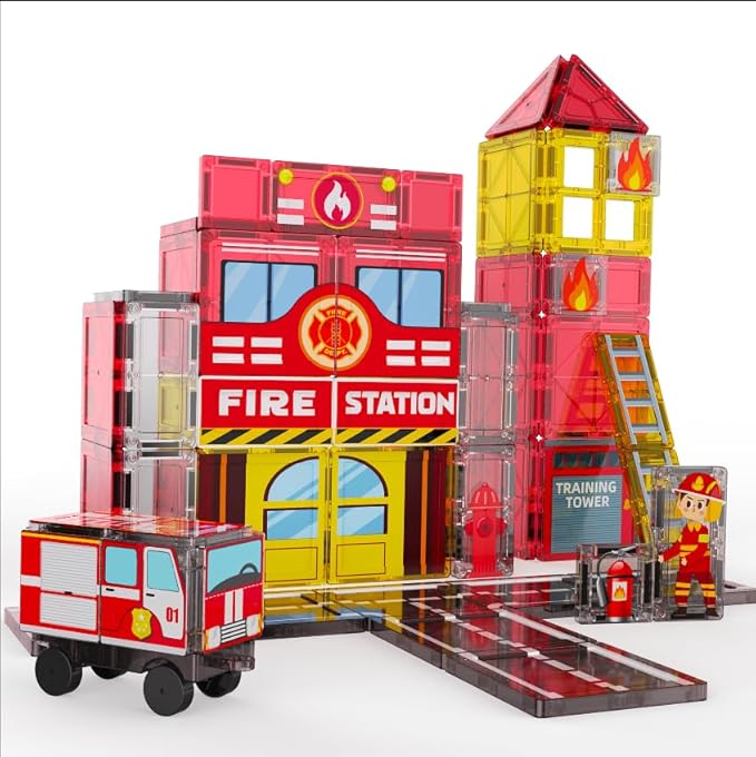 Fire Station Magnetic Tiles for Kids, Building Toys for Kids Ages 4-8 with Fire Truck, Firemen, Road Magnet Tiles. STEM Magnetic Blocks for Kids Ages 4-8, Building Toys for 4+ Year Old Boys Gifts