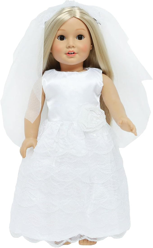 18 Inch Doll Wedding Dress Fashion Set, Bride Doll Wedding Gown with Veil for American 18 Inch Girl Doll Clothes Ball Party