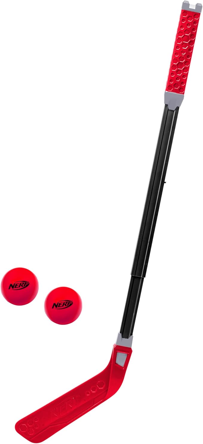 Nerf Flexplay Kids Hockey Stick + Ball Set - Indoor + Outdoor Street Hockey Set - Adjustable Height Stick Balls Included