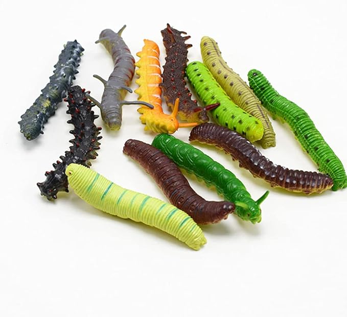 24Pcs Simulation Caterpillar Plastic Fake Worm Crawling Halloween Prank Toy Educational Learning Toys for Kids (Random Style)