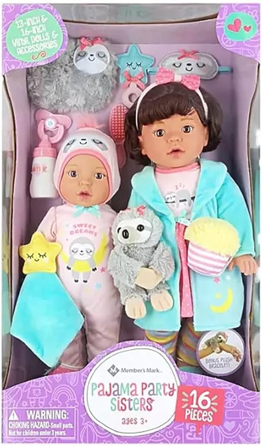 MEMBER´S MARK Sweet Sisters Pajama Party 13in & 16in Vinyl Dolls and Accessories Dark Brown Hair