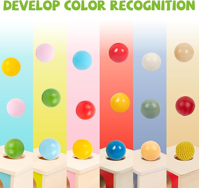 Adena Montessori Wooden Toy for 6-12 Month Baby 3 Balls, Object Permanence Box with Tray Colorful Learning Education Toy for Toddler Kid 1-2 Year Old, Preschool Developmental Girl and Boy Gift