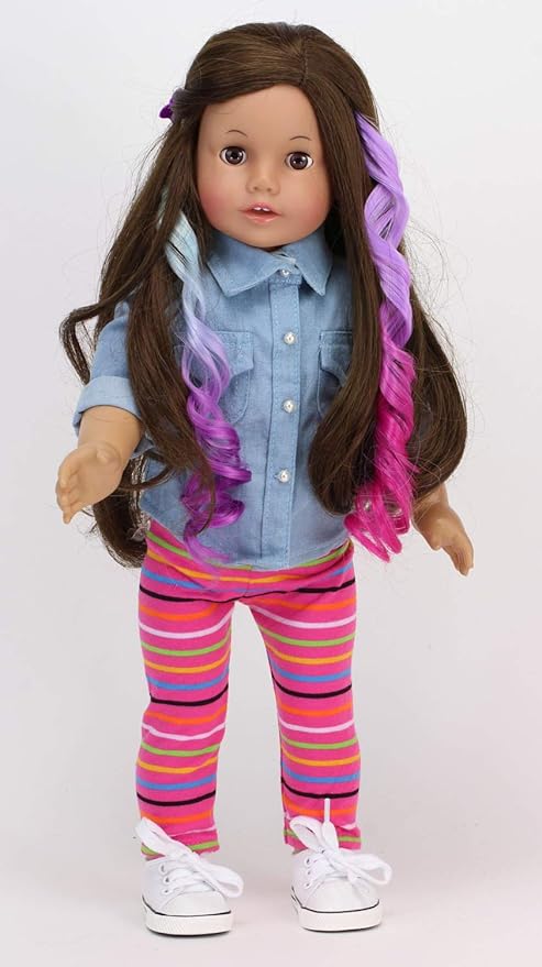 Sophia's Set of 3 Dress Up Fun Long Curly Colorful Ombre Rainbow Clip-in Hair Extensions for 18” Dolls, Aqua/Orange/Lavender