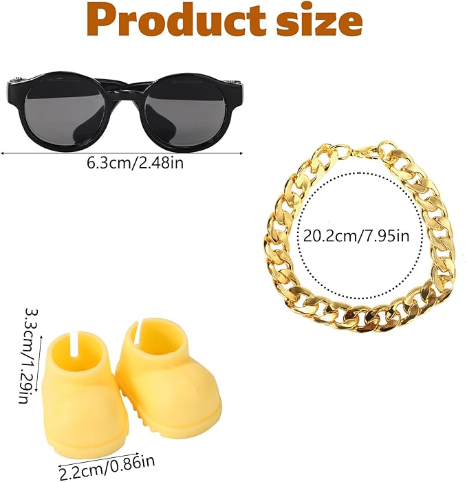Doll Outfit Set, Stylish Sunglasse & Gold Necklace & Cute Yellow Shoes Decor Clothes Accessories Decorations for Dolls (No Doll)