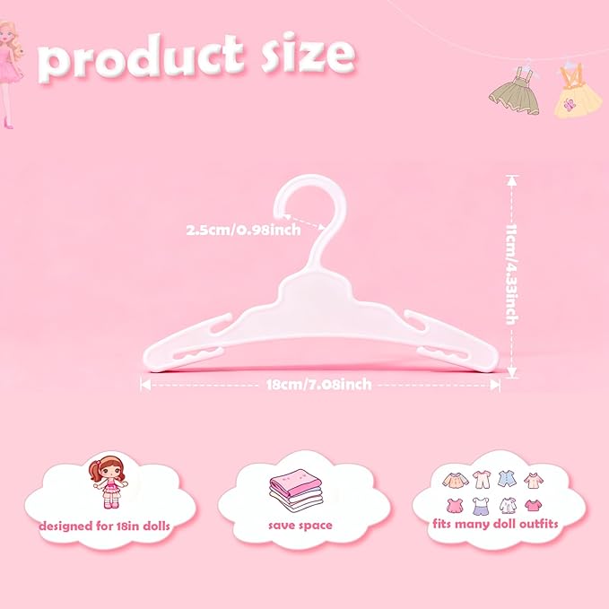 24 Pcs Doll Clothes Hangers for 18-Inch Dolls - Non-Slip, Space-Saving Wardrobe Accessories for Doll Gowns & Outfits (White&Pink)