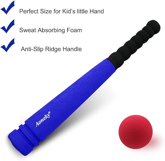 Aoneky 16.5 Inch Foam Baseball Bat and Ball Set for Toddlers 1-3 Years - Soft & Safe First T-Ball Bat, Mini Lightweight Beginner Bat for 1 Year Old Boy Girl Gift, Indoor Outdoor Toy
