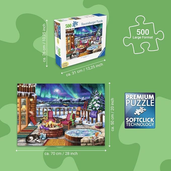 Ravensburger - Northern Lights - 500 Piece Large Format Jigsaw Puzzle - Stunning, Bold, Vivid Image of The Phenomenon - Warm Fireside Cabin - Premium Quality - Puzzles for Adults