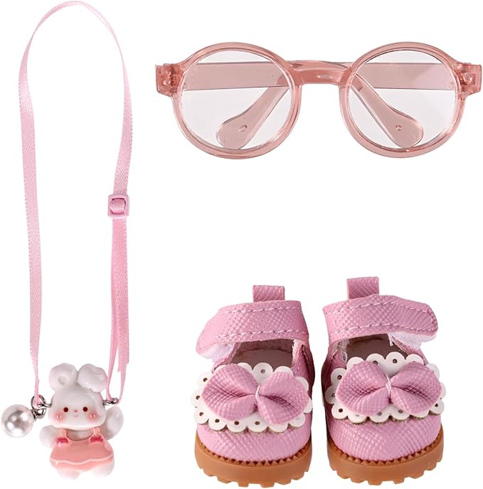 Doll Outfits Set, Includes Glasses & Pink Princess Shoes & Bunny Lanyard Stylish Doll Clothing Accessories and Gifts