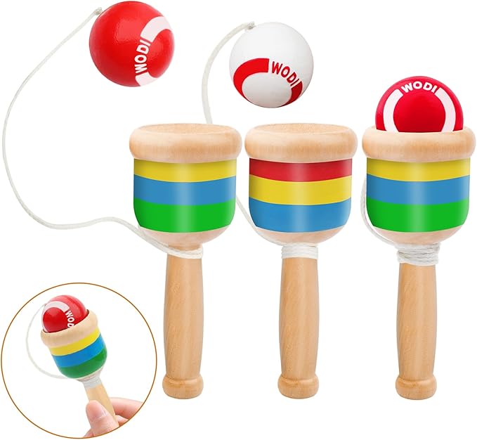 3 Packs Wooden Catch Ball, Retro Paddle Ball with String Toys for Kids & Adults, Hand Eye Coordination Cup and Ball Game for Outdoor Beach Lawn Party Favors, Family Fun & Education Supplies