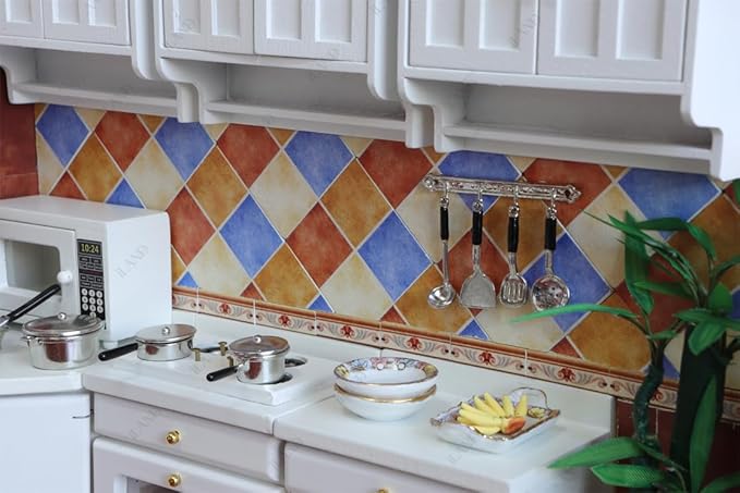 iLAND Miniature Dollhouse Accessories,60pcs Dollhouse Flooring on 1:12 Scale Color Patchwork Tiles (60pcs Mediterranean Style