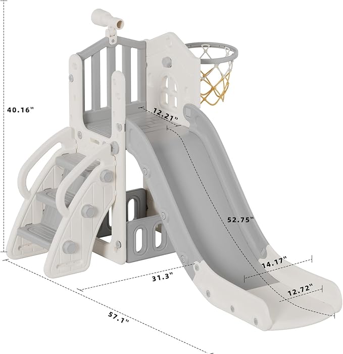 XJD 5 in 1 Toddler Slide, Kids Slide for Toddlers Age 1-3, Outdoor Indoor Playset for Toddlers with Basketball Hoop and Ball, Storage Space Christmas Birthday Gifts for Toddler (Gley)