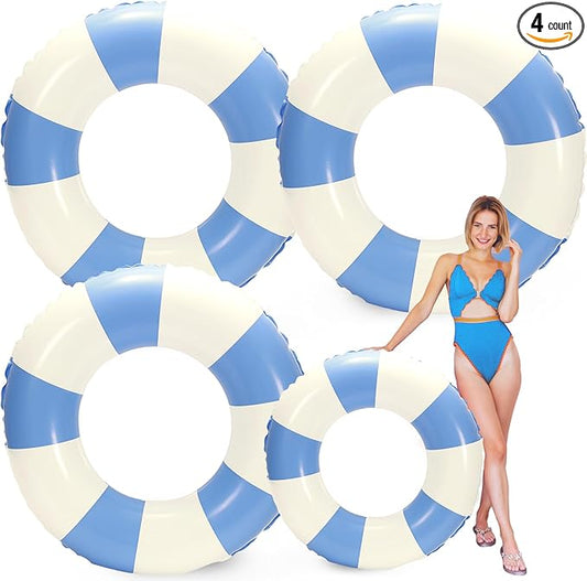 Whaline 4Pcs Inflatable Swimming Float Toy Striped Swim Ring Fun Print Pool Lounger Tube for Summer Swimming Beach Party