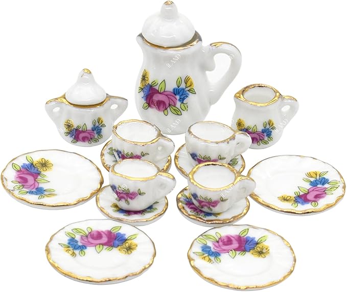 iLAND 1/6 Scale Accessories Mini Tea Set Miniature Porcelain 16pcs Set w/Table Runner Elf Accessories Cute Miniature Dollhouse Décor Fit 12 inch Dolls Action Figure Elegant Gilded Rosette