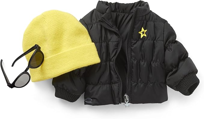 American Girl Truly Me 18-inch Doll Accessories Black Puffer Jacket, Yellow Knit Beanie, and Sunglasses, For Ages 6+