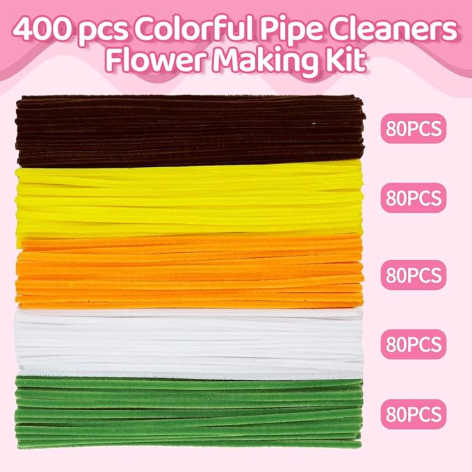Praisebank Yellow Pipe Cleaners for Crafts (400pcs with Instruction), Flower Making Kit, Chenille Stems for DIY Projecets, Arts & Crafts Supplies for Festival Party Decorations