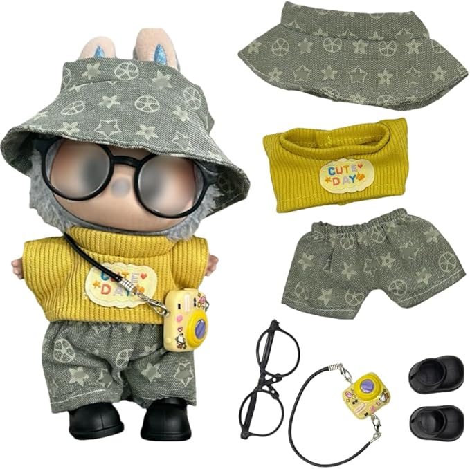 17cm Doll Clothes for lububu,Designer Clothes Suitable for lububu Dolls Outfits and Accessories Set,Including Top +Pants+Hat+Glass+Bag(Two Types of Random Distribution)+Shoes 6PCS,Not Doll(Yellow)