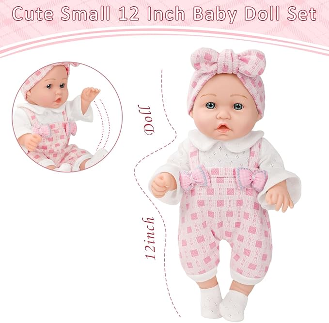 12" Girl Baby Doll Playset with Accessories and Clothes in Gift Box for Little Girls,12 Inch Small Realistic Baby Dolls Pacifier Bottle Pretend Baby Care Toy Set for Child Toddler 3+ Gift Collection