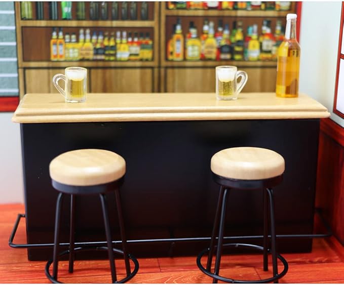 Dollhouse Furniture Metal Bar Table & Chair with Wood Top Pub Set 1:12 Scale Miniature Accessories Bar Counter Stool Mini Dining Coffee Table Model Layout Props Desktop Decor