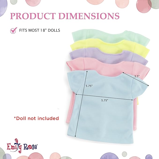 Emily Rose 18-Inch Doll Clothes 5-Pack Pastel T-Shirts - DIY Craft Kit with Pink, Blue, Green, Yellow & Purple Tees Boxed USA Brand