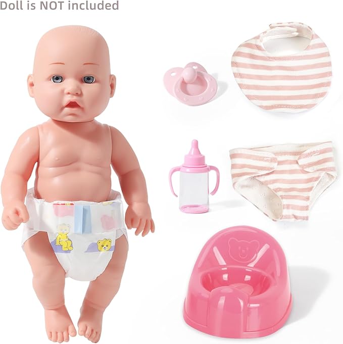 Realistic Baby Doll Accessories Set Toys for 12 inch Dolls Includes Doll Potty, Bib,Pacifier,Diaper and Feeding Bottle Perfect for Kids, Toddlers, and Girls