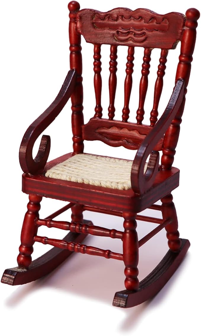 Dollhouse Miniature Rocking Chair 1:12 Scale Wooden Furniture Accessories Tiny Mini House Home Outdoor Decoration Model Living Room Scene Christmas Craft Displays (Red)