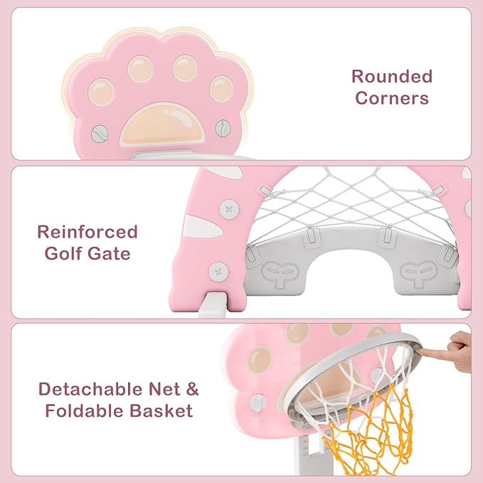 OLAKIDS Toddler Basketball Hoop, 3 in 1 Height Adjustable Kids Sports Activity Center Indoor Outdoor with Soccer Goal Golf Ball and Club, Baby Toy Game Play Set Gifts for Boys Girls