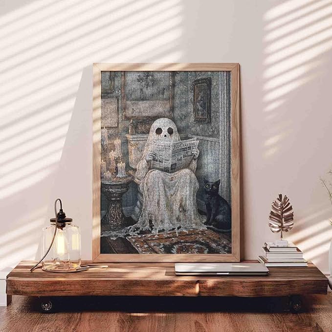 1000 Pieces Halloween Ghost Jigsaw Puzzle for Adults,Black Cat Candle Little Ghost DIY Craft Puzzles for Home Decoration Gifts, Unique Home Decor Gifts Entertainment Toys 19.7 x 27.6 Inch