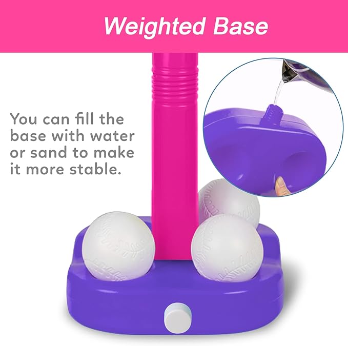 Liberry Tball Set for Toddlers with Adjustable Height Tee Ball Stand, Weighted Base and Kids Baseball Bat, Sports Game Toys Christmas Birthday Gift for Boys Girls Ages 3 4 5 (Pink)