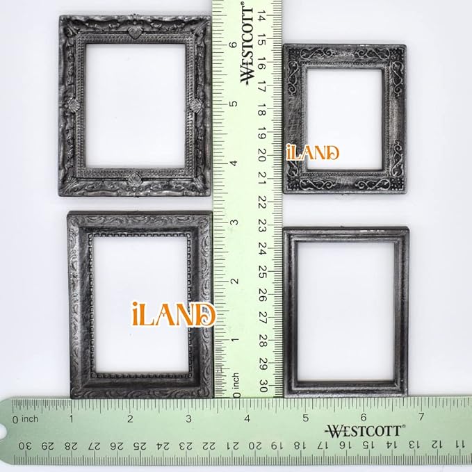 iLAND Miniature Dollhouse Accessories for Dollhouse Furniture on 1:12 Scale, Dollhouse Frames w/Printed Classic Paintings Set (4 Matte Silver Frames & Pictures)