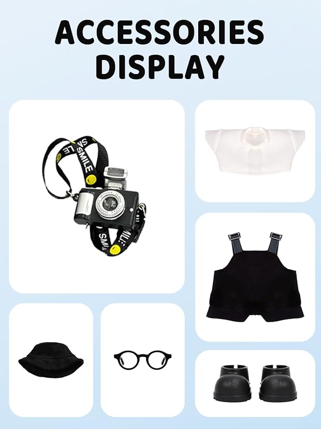 Clothes for LABUBU 17cm Doll (NO Doll) – 6-Piece Set, Hat + Overalls + Shirt + Camera + Glasses + Shoes, Outfit for LABUBU, Premium Dolls Accessories for LABUBU (Black)