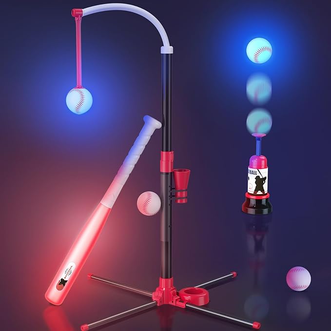 3-in-1 LED T Ball Set for Kids, Adjustable Height, Hanging Tee Ball Set with Baseball Launcher/4 Softballs/Light Up Bat, TBall Stand Sport Toys, Baseball Gifts for Boys Girls Age 3-5