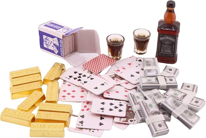 1 Set 1:12 Scale Miniature Doll Accessories Tiny Money Bills Playing Card Ornament Mini Rifle Mini Gold Bars Model for Doll House,Action Figure Scenc Props,DIY Craft Projects (1 12 A)