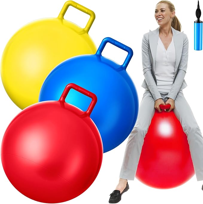 Lewtemi 3 Pcs 29 Inch Bouncing Ball with Handle, Outdoors Hopper Jumping Hopping Ball and Air Pump for Sports Exercise (Red, Blue, Yellow)