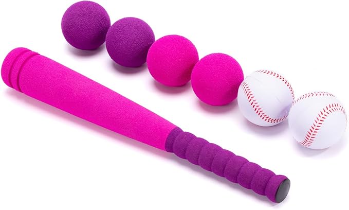CeleMoon 16.5 Inch [Mini Size] Soft Foam Baseball Bat for Girls, Tball Softball Batting Toy Set with 6 Balls, for Kid Toddler Daughter 3 Years Old Indoor Outdoor Sport Playing Game, Pink