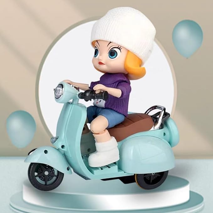 Liotww Motorcycles Scooter Toy Doll - with Light and Music, Cute Have a Seat Accessories, Interactive Rotating Decor Desktop Ornaments for Collectors (Blue)