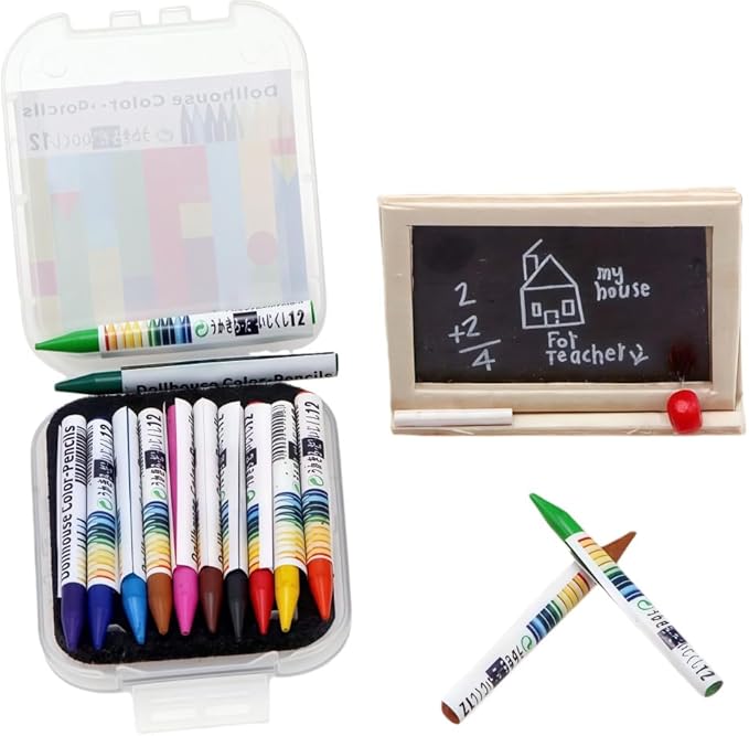 Mini School Supplies Sets,112 Dollhouse Acessories Including 12 Pieces Crayon,Blackborad for Dollhouse Home Miniature Model DIY Decor Doll House Accessories Coloring House Play Set