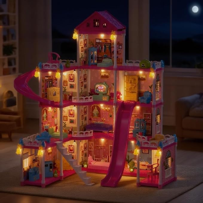 Villa Toys for Girls, 4 Stories 12 Rooms Villa Playhouse with Lights, Doll, Furniture, Bathtub, and Accessories, DIY Pretend Toddlers House kit for 3 4 5 6 7 8 9 10 Year Old Kids