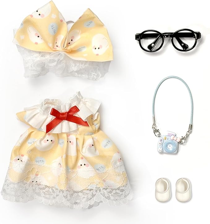 17cm Doll Clothes for Labubu Set - 5-Piece Luxury Designer Outfit with Bow, Glasses, Camera Bag & Shoes | Fashionable Dress-Up Accessories for Dolls (Yellow)