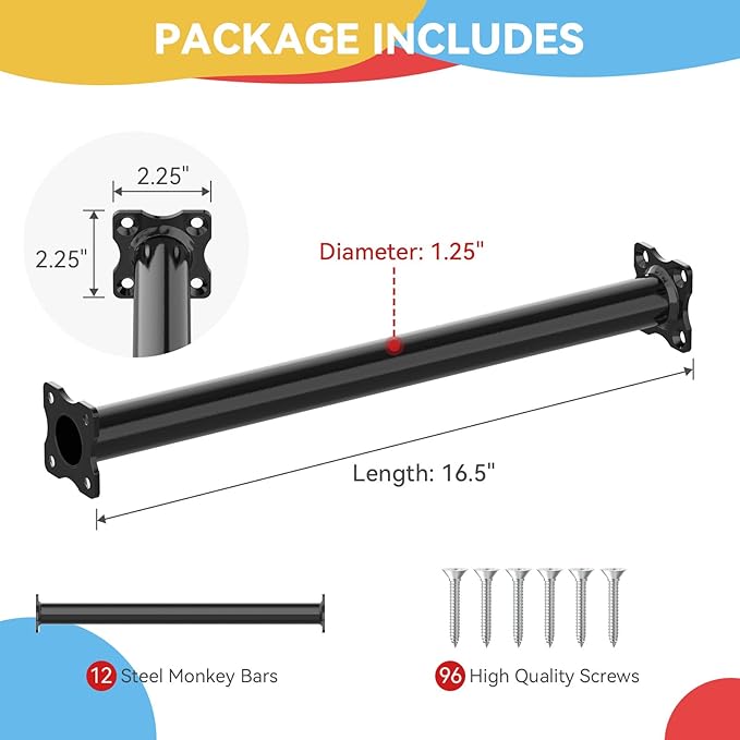 16.5 Inch Monkey Bars Kit Playground Ladder Rungs for Backyard Indoor Outdoor Kids Metal Bars Swing Set Playset Accessories (Black, 12 Pcs)