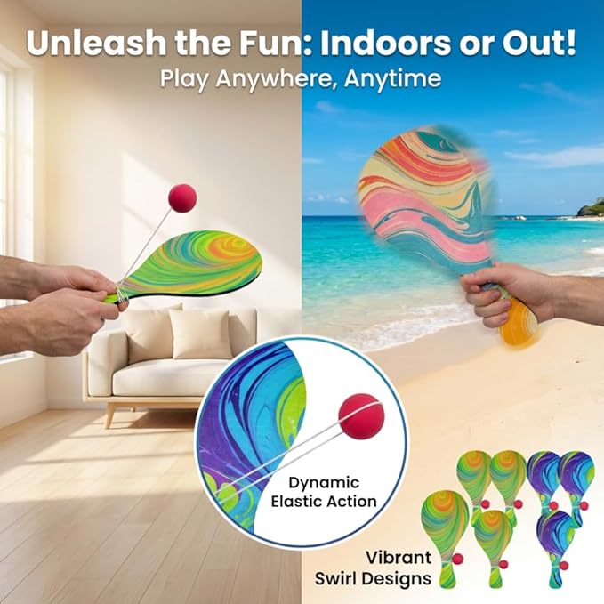 Psychedelic Paddle Ball Set of 16 – Vintage Wooden Paddle Ball with String | Retro 90s Party Favors, Carnival Prizes & Fun Desk Game for Adults – Indoor Outdoor Game