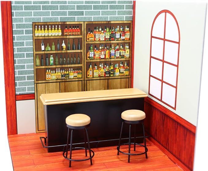 Dollhouse Furniture Metal Bar Table & Chair with Wood Top Pub Set 1:12 Scale Miniature Accessories Bar Counter Stool Mini Dining Coffee Table Model Layout Props Desktop Decor