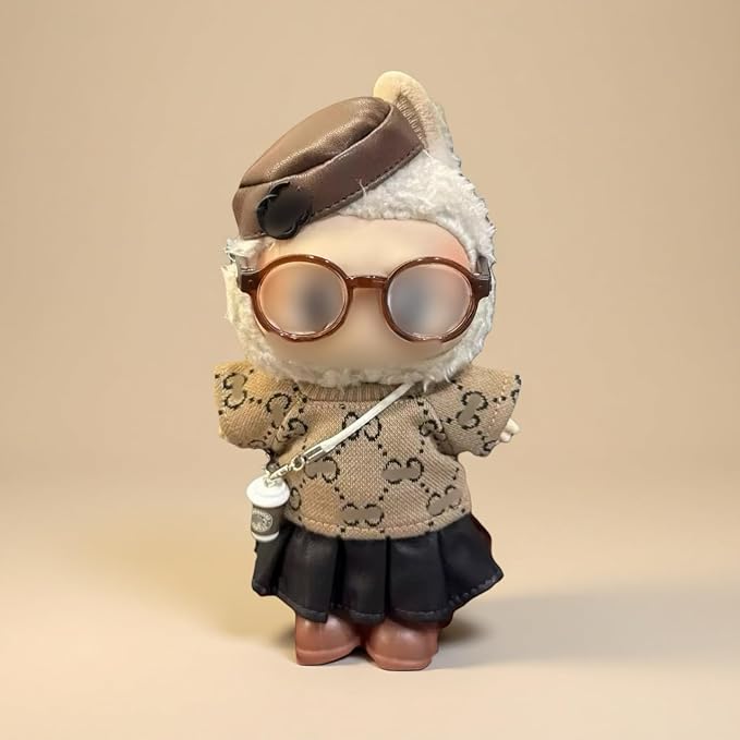 17cm Doll Clothes for lububu,Cl othes Suitable for lububu Dolls Outfits and Accessories Set,Including Top+Hat+Bag+Skirt+Shoes+Glass - 6PACS Not D oll(Brown)