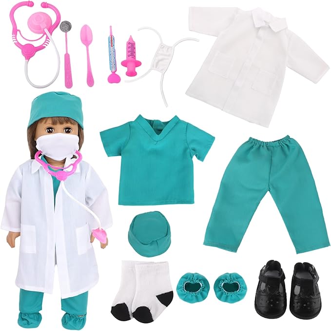 MSYO 18-Inch Doll Doctor Playset-Pretend Play Medical Kit with White Coat,Scrubs & Surgical Tools,STEM Roleplay Costume for Kids Ages 3-12,Fits Most 18-Inch Girl & Boy Dolls(Green)