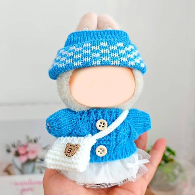 17cm Doll Clothes for Lububu,Outfits Set with Hand-Crocheted Blue Sweater, Hat, Skirt, Shoes and Bag, Designer Clothing and Accessories for Macarons Series Dolls Dress-Up(Blue Sweater Skirt)